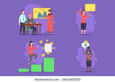 Group of professionals engaged in various activities in corporate environment. Team members analyzing data, presenting ideas, and discussing growth strategies to boost performance