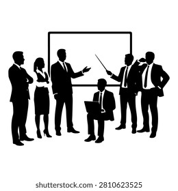 Group of professionals engaging in a business presentation and discussion in a modern conference setting.