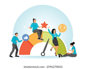 A group of professionals engaging in teamwork and positive collaboration supported by rating indicators, symbolizing feedback and growth in a corporate environment. Flat vector illustration
