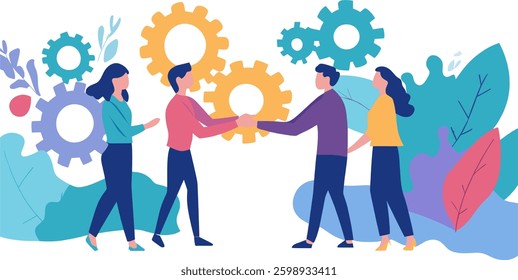 Group of professionals rejoicing in teamwork achievement, exchanging high-fives with enthusiasm. Concept of unity, collaboration, and workplace success. Flat vector illustration on a white background.