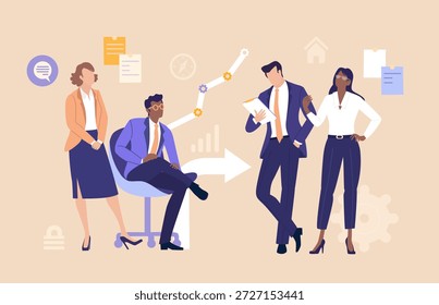 Un grupo de profesionales habla con su jefe en una oficina moderna, compartiendo ideas, discutiendo desafíos y alineando decisiones que reflejan liderazgo, trabajo en equipo, comunicación clara y cultura en el lugar de trabajo.