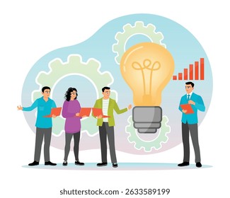 Group of professionals working together, brainstorming innovative solutions and concepts, depicted with gears, a light bulb, and growth charts. Business communication and collaboration concept.