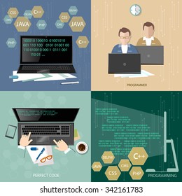 Group of programmers programming concept developer training process coding teamwork desktop programmers flat set 