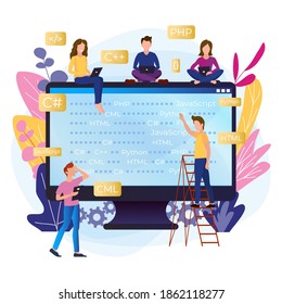 Group of programmers is working. Men and women code a project on a large monitor with program code. Trendy concept in flat style.