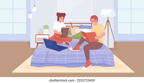 Group project for bonding middle school classmates flat color vector illustration. Friends, siblings doing homework together. Fully editable 2D simple cartoon characters with bedroom on background