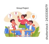 Group Project concept. Students engage in teamwork during a school project, brainstorming ideas and solving problems together. Team dynamics in education. Flat vector illustration