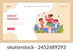 Group Project concept. Students engage in teamwork during a school project, brainstorming ideas and solving problems together. Team dynamics in education. Flat vector illustration