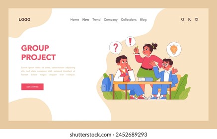 Concepto de proyecto de grupo. Los estudiantes participan en el trabajo en equipo durante un proyecto escolar, intercambiando ideas y resolviendo problemas juntos. Dinámicas de Equipo en la educación. Ilustración vectorial plana