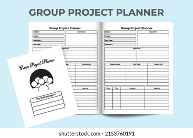 Group project journal interior. School study project tracker and student's information notebook template. Interior of a logbook. Group project member information and task tracker interior.