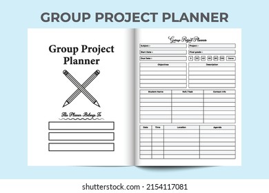 Group project planner interior journal template. Group project member information tracker and task planner template. Interior of a notebook. Group study info recorder and task planner interior.