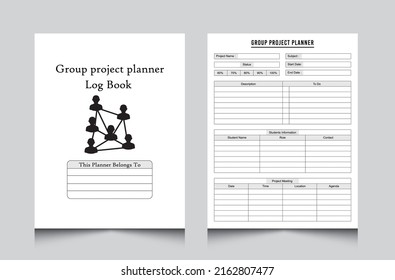 Group project planner KDP interior. KDP interior log book. Students group project, Educational group project tracker Vector template. 