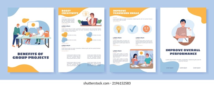 Group projects flat vector brochure template. Booklet, leaflet printable flat color designs. Editable magazine page, reports kit with text space. Sigmar One, Balsamiq Sans, Comfortaa fonts used