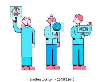 A group of pro-peace protesters in simple flat vector style.