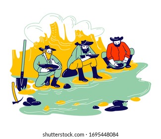 Group of Prospectors Male Characters Wearing Vintage Costumes and Hats Panning Golden Sand and Prills Sitting on River Side with Pickaxe and Spade. Gold Rush Concept. Linear People Vector Illustration