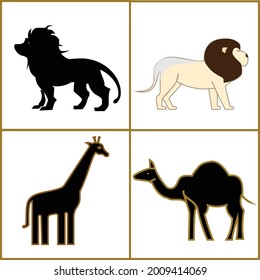 group of protected animals, giraffe, lion, camel