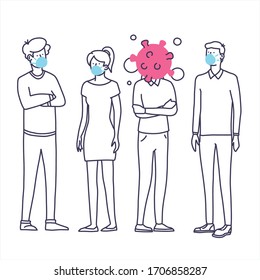 Group with protective face-masks. People not maintaining social distancing. Stop covid-19 coronavirus. Coronavirus outbreak infographic.