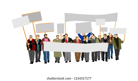 Group of protester vector illustration. Hand holding sign. Man hand. Empty flag editable plate isolated. Blank protest sign. Political agitation campaign. Demonstration for social laborers rights .