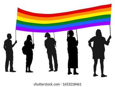 Group of protester vector silhouette. Hand holding sign. Man and woman with LGBT flag protest sign. People in political agitation campaign. Propaganda poster. Vote campaign for gay and lesbian rights 
