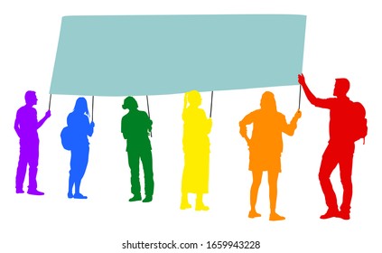 Group of protester vector silhouette illustration. Hand holding sign. Man hand. Empty editable plate isolated. Blank protest sign. Political agitation campaign. Propaganda poster. Agitation campaign.