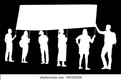 Group of protester vector silhouette illustration. Hand holding sign. Man hand. Empty editable plate isolated. Blank protest sign. Political agitation campaign. Propaganda poster. Agitation campaign.