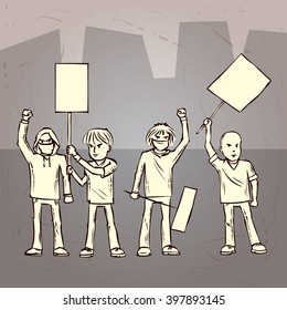 Group of protesters. Hand drawn cartoon vector illustration