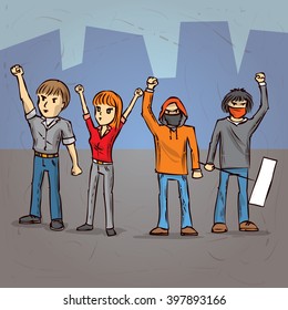 Group of protesters. Hand drawn cartoon vector illustration