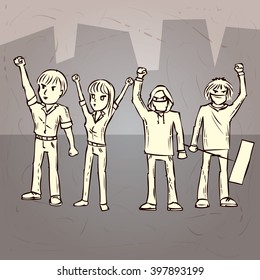 Group of protesters. Hand drawn cartoon vector illustration