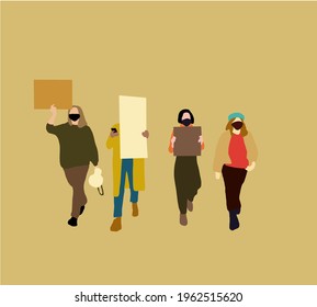Group of protesters holding banners and placards. Political meeting, march, demonstration, parade. Flat cartoon colorful vector illustration
