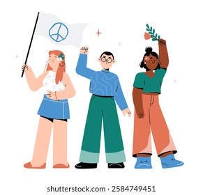 Group Of Protesters With Peace Sign Flag In Flat Vector Illustration Symbolizing Social Movement, Activism, And Peace Advocacy, Isolated On White Background