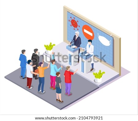 Group of protesters with placards standing in front of people giving speech behind the rostrum, flat vector isometric illustration. Anti mask Covid-19 protest, demonstration. No mandatory mask.