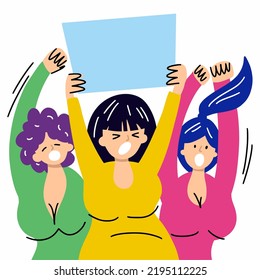 A group of protesting girls shout and hold a poster in their hands.	