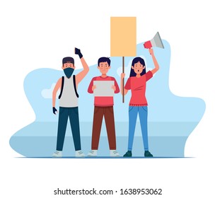 group of protesting people with banners and megaphone vector illustration design