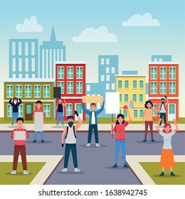 group of protesting people with banners vector illustration design