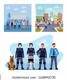 group of protesting people with cops and dog vector illustration design