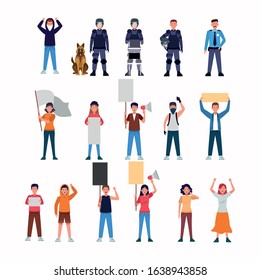 group of protesting people with cops and dog vector illustration design