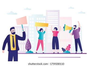 Group of protesting people. Different men and women with signs and megaphone. Human rights protest. Union strike. Democratic freedoms, peaceful protest. Flat vector illustration