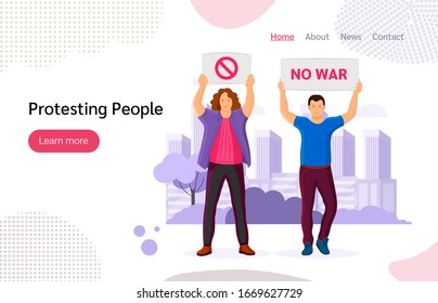 Group Protesting people man woman with placards prohibition sign, no war. Holding placards on strike or demonstration, take part in rally, political meeting against war landing page vector