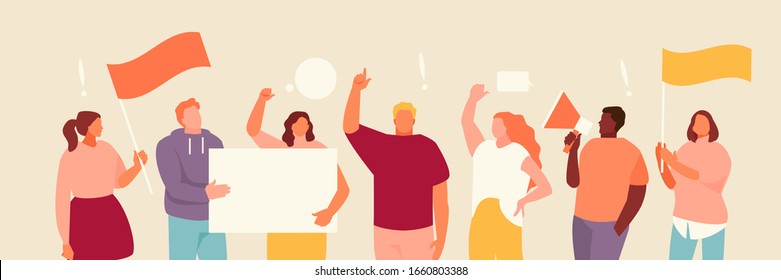 Group of protesting people with posters and banners. Strike and mass action vector illustration