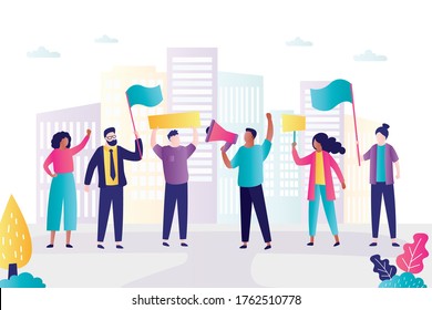 Group of protesting people. Protesters on demonstration. Various persons with placards and megaphone. Human rights protest. Union strike. Democratic freedoms, peaceful protest.Flat vector illustration