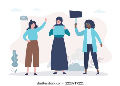 Group of protesting people. Protesters on demonstration. Various multiethnic women with placards and banners. Human rights protest. Democratic freedoms, peaceful protest. Flat vector illustration