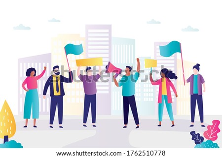 Group of protesting people. Protesters on demonstration. Various persons with placards and megaphone. Human rights protest. Union strike. Democratic freedoms, peaceful protest.Flat vector illustration