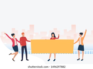 Group of protesting people with transparency. Activists, strike, rebellion. Protesting people concept. Vector illustration for website, landing page, online store