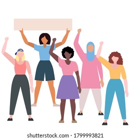 A group of protesting women of different nationalities, races. Feminism concept. Equality of women. Suitable for posters, banners, postcards. Vector illustration