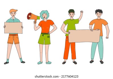 Group of protesting young people. Guys with posters and girl with loudspeaker. Demand for justice, peace and freedom. Demonstrator retains her rights. Colorful vector isolated illustration hand drawn