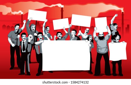 A group of protestor with mega phone, banner and signs. With factory pollution background. Vector.