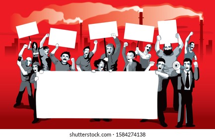 A group of protestor with mega phone, banner and signs. With factory pollution background. Vector.