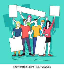 A group of protestors holing up blank signs and banners. People vector illustration.
