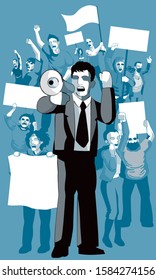 A group of protestors with mega phone, banner and signs. With solid colour background. Vector.
