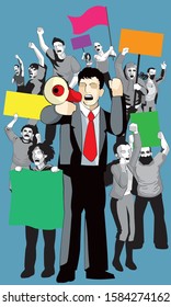 A group of protestors with mega phone, banner and signs. With solid colour background. Vector.