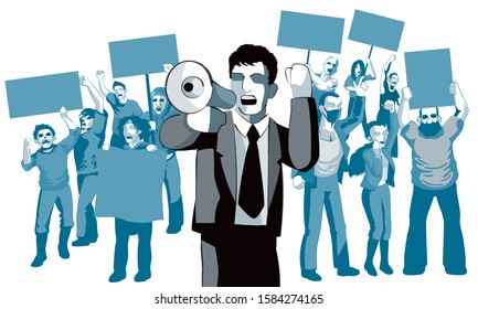 A group of protestors with mega phone, banner and signs. With solid colour background. Vector.
